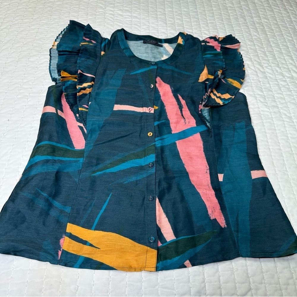 Vineyard Vines Linen Silk Blend Multicolor Ruffle Sleeve Blouse In Size S - Picture 2 of 11